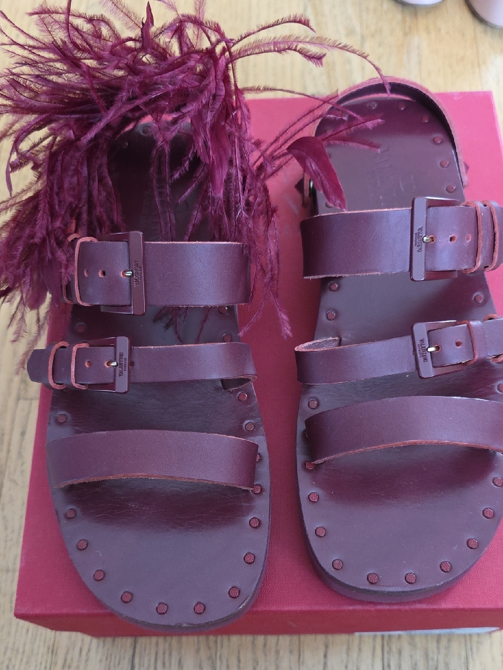 Valentino Garavani Burgundy Feather Strap Leather Sandals Slides